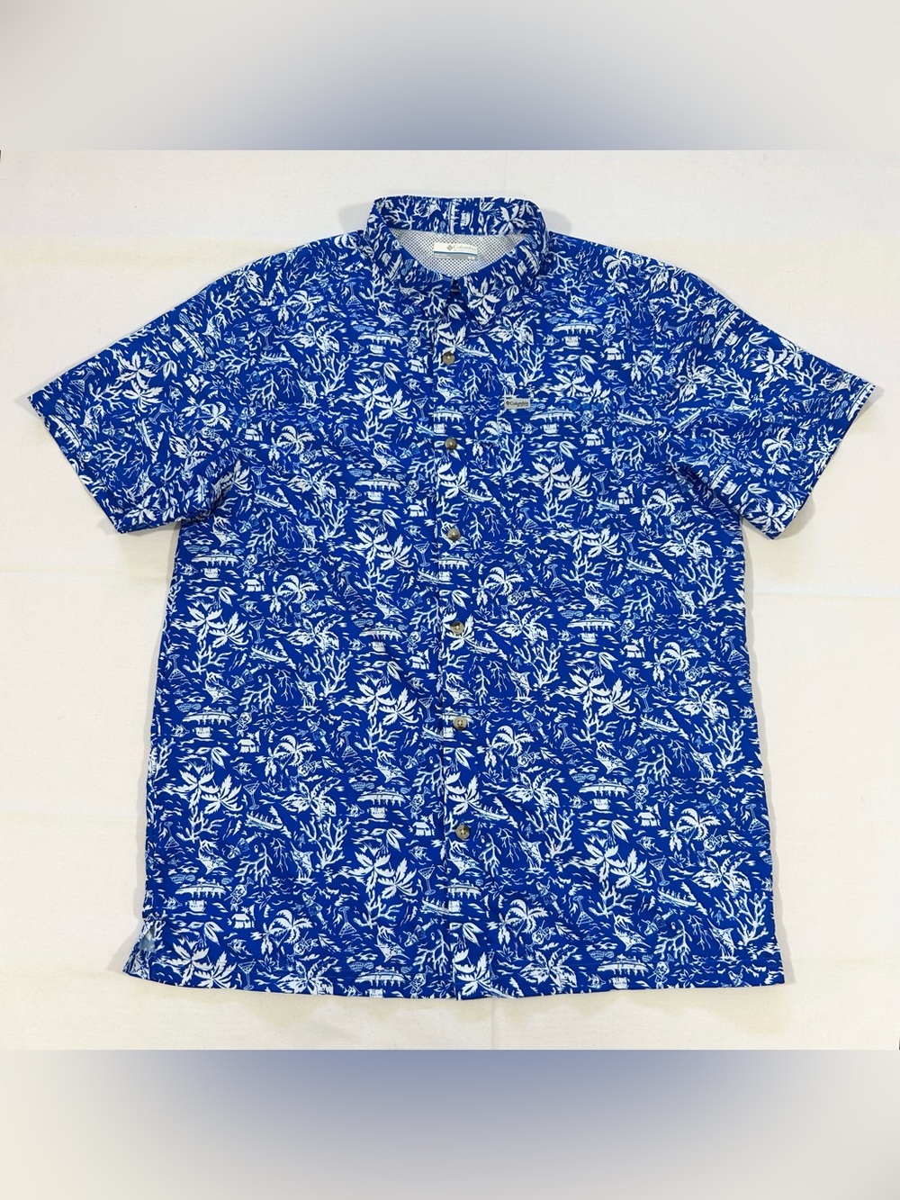 Columbia PFG Mens Sz M Hawaiian Performance Fishing Gear PFG Shirt S/S Blue Vent